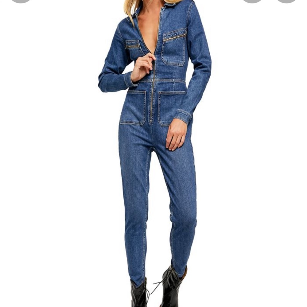 Free People Lennox Jumpsuit in Blue Denim